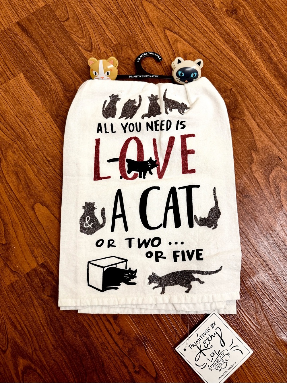 Primitives by Kathy White Cotton Cat Kitchen Towel with Red & Black Print